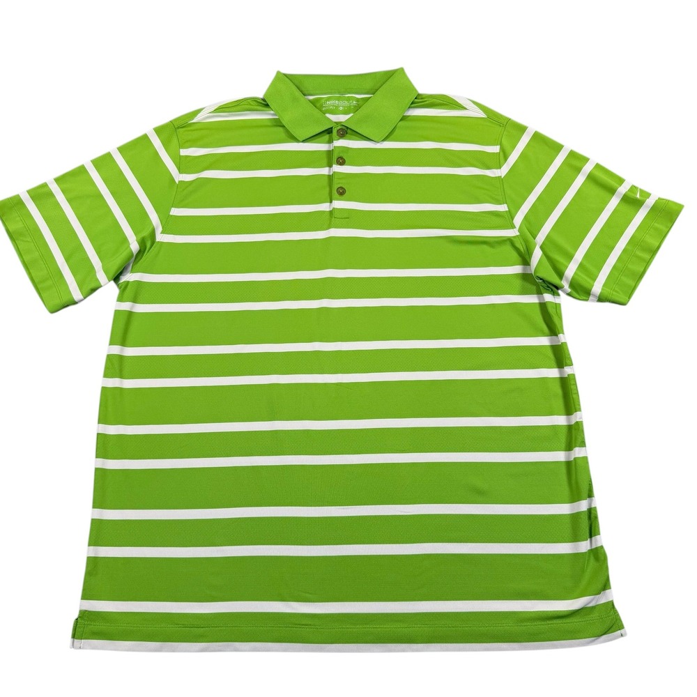 Nike Golf Polo Mens XL Green White Striped Dri-FIT Standard Fit Performance